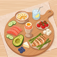 Logo Nutri — planche en bois garnie : saumon, avocat, œuf, poulet, légumes et fruits